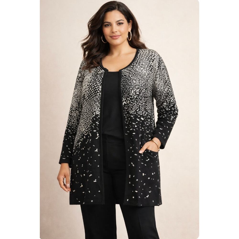 Chicos Sz 3 (XL/16) Black Silver Longline Cardigan Knit Sweater Glam Classy Chic